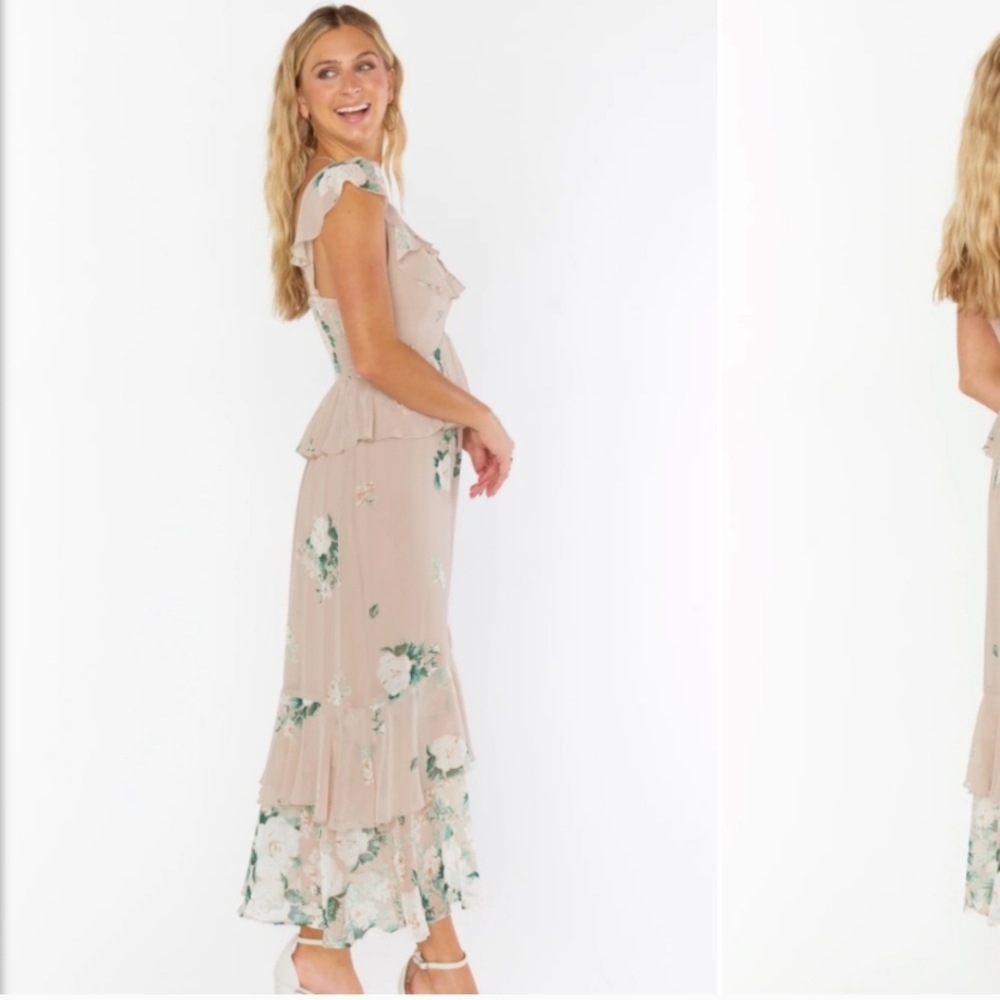 Show Me Your Mumu Reese Ruffle Dress in Champagne Luxe Satin, size Small New